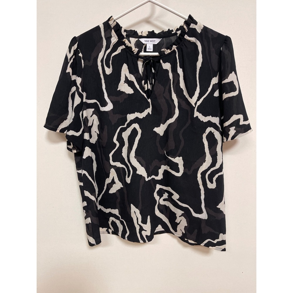 Nine West Womens Black White Abstract Marble Ruffle Tie Neck Blouse Large